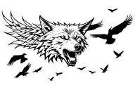 Wolf head and Crows fly away tattoo design idea