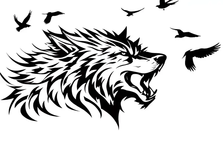 Wolf head and Crows fly away tattoo design idea