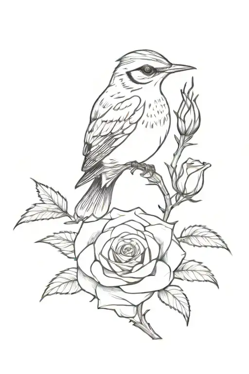 a horned lark, perched on a rose branch tattoo design idea