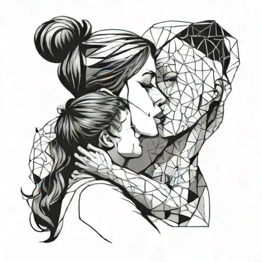 outline of little boy kissing moms forehead, with little girl tucked under moms chin tattoo design idea
