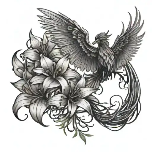 Phoenix and spider Lily flower tattoo design idea