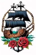 american traditional tattoo inspired featuring pirate ship, octopus, anchor, chains and roses   tattoo design idea