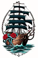 american traditional tattoo inspired featuring pirate ship, octopus, anchor, chains and roses   tattoo design idea