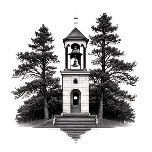 bell tower surrounded by tress tattoo design idea