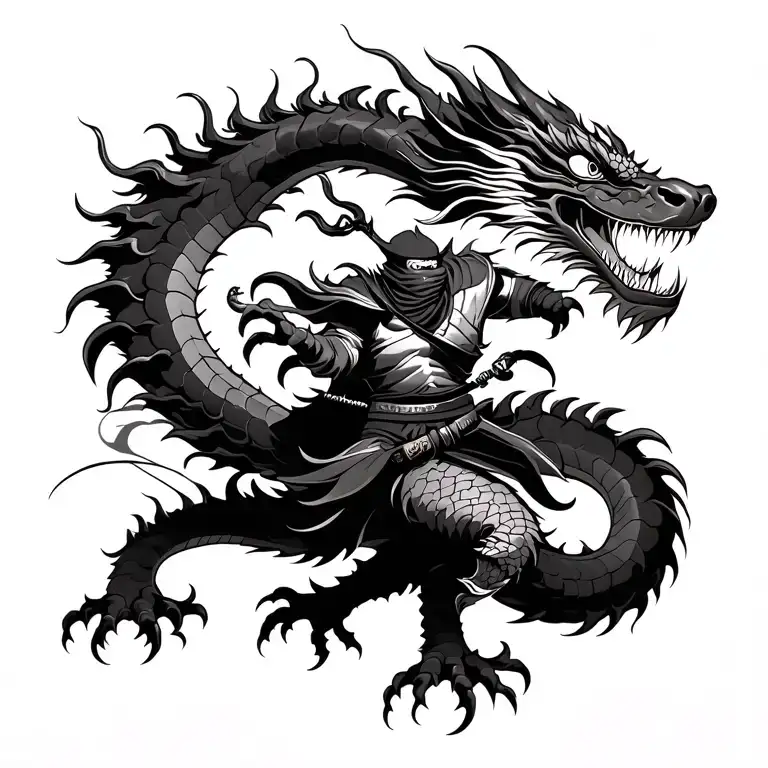 Chinese dragon with ninja warrior battling tattoo design idea
