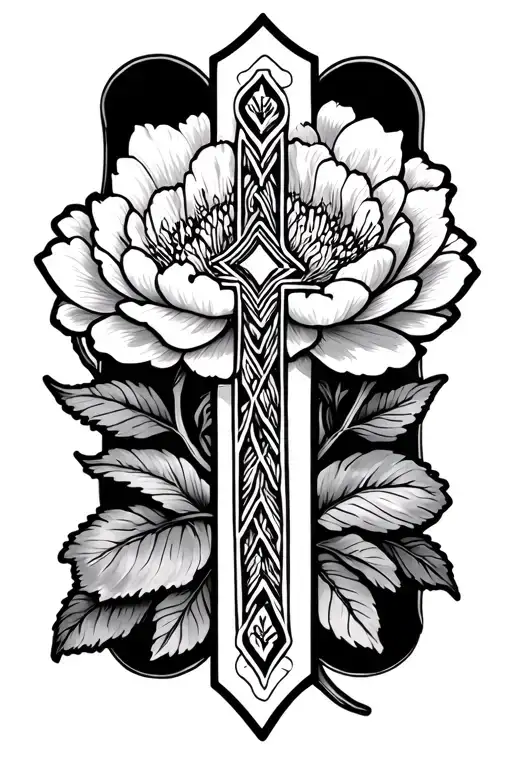 small skinny Cross with peony's around it tattoo design idea