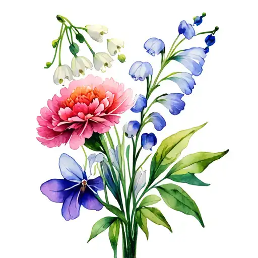 a bouquet with carnations violets Lilly of the valley and larkspur tattoo design idea