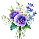 a bouquet with carnations violets Lilly of the valley and larkspur tattoo design idea