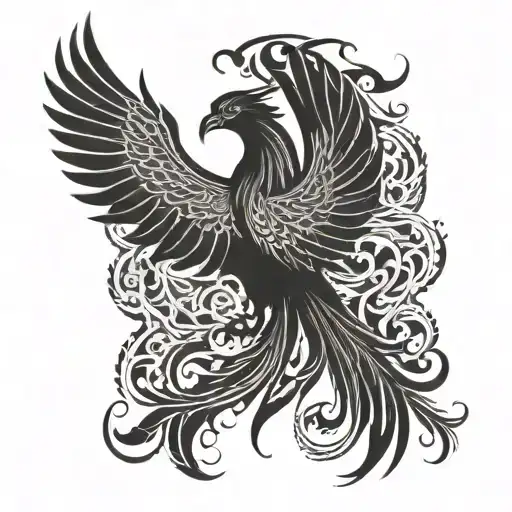 A phoenix rising from flames with intricate geometric patterns tattoo design idea