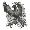 A phoenix rising from flames with intricate geometric patterns tattoo design idea