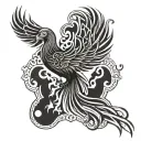 A phoenix rising from flames with intricate geometric patterns tattoo design idea