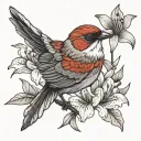 sparrow bird with tail flared and lily flower. no background. some colour in bird and lilys but not too vibrant.  tattoo design idea