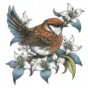 sparrow bird with tail flared and lily flower. no background. some colour in bird and lilys but not too vibrant.  tattoo design idea