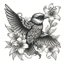 sparrow bird with tail flared and lily flower. no background. some colour in bird and lilys but not too vibrant.  tattoo design idea