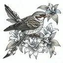 sparrow bird with tail flared and lily flower. no background. some colour in bird and lilys but not too vibrant.  tattoo design idea