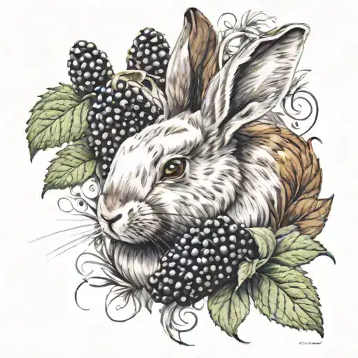 white and dappled brown rex rabbit head surrounded by blackberries tattoo design idea
