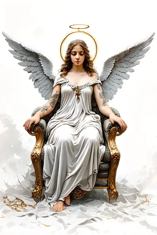 A ANGEL WITH A HALO ON THRONE WITH FAIRY WINGS tattoo design idea