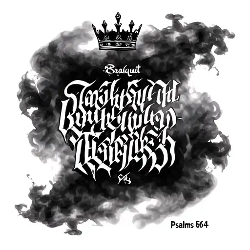 verse psalms 56:4 going vertical in gothic font surrounded by smoke with a basquiat crown on the top tattoo design idea