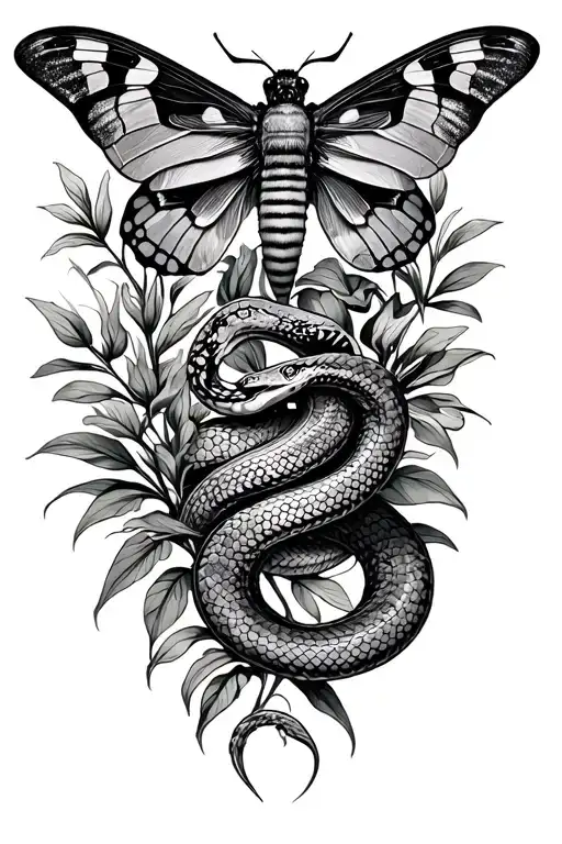 moth and plants and snake wrapped tattoo design idea