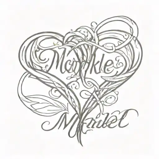 A sketch tattoo of two intertwined hearts with the name 'Markel' in cursive, representing your love for your boyfriend tattoo design idea