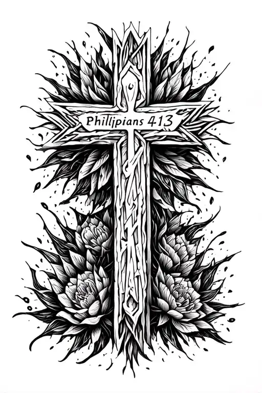 cross made out of the word and numbers "Philippians 4:13" tattoo design idea
