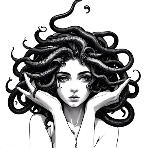 pretty Medusa face and hands showing . snake hair  tattoo design idea