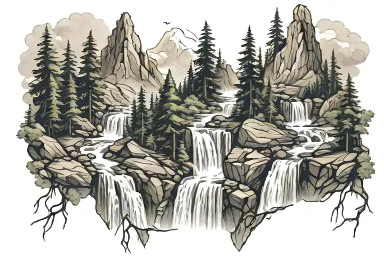 waterfall forest mountain tattoo design idea