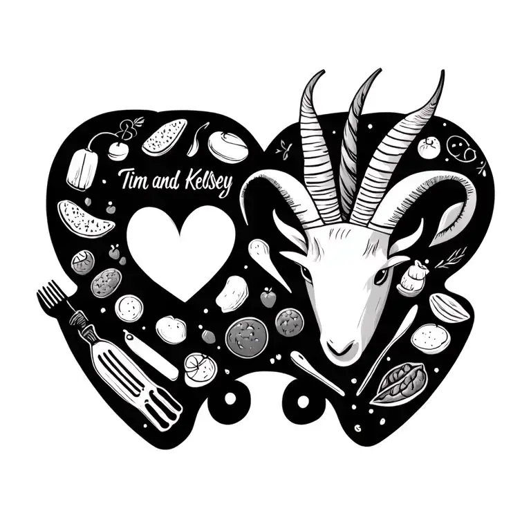 "Tim and Kelsey" Gemini sign and Capricorn sign in a heart on a chefs cutting board with food items tattoo design idea