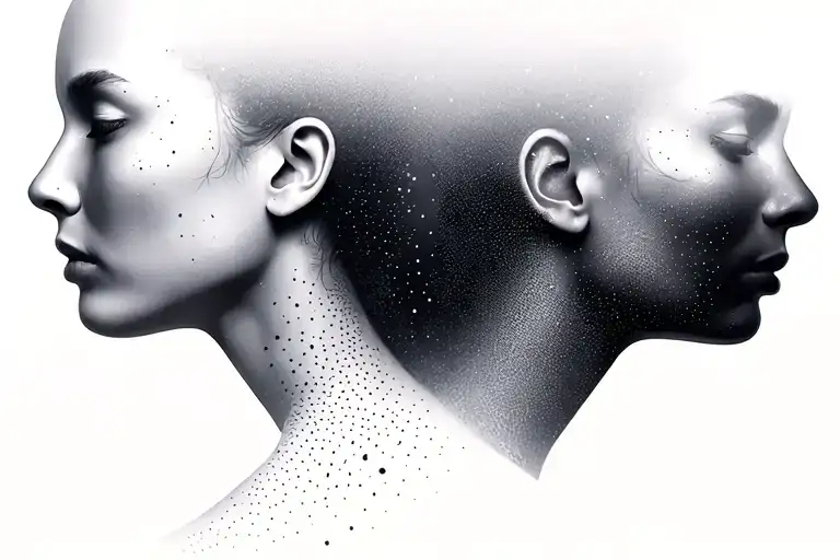 Two half-abstract, half-realistic human silhouettes.• One looks forward, straight, slightly blurred, almost like a shad tattoo design idea