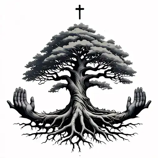 A strong tree with deep roots, signifying stability and strength, with roots shaped like hands or crosses. tattoo design idea