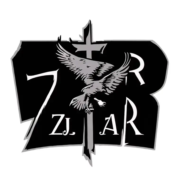 "ZJR     ALR" The number 19 with ZJR and ALR incorporated with a cross and an eagle flying  tattoo design idea