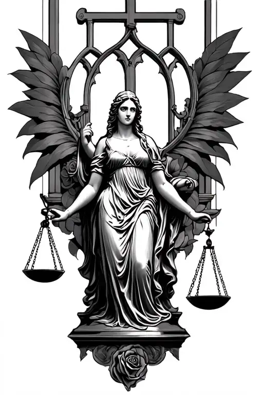 lady justice with church windows behind and rose spins tattoo design idea