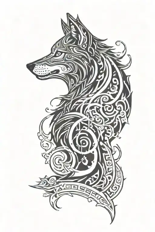 A tribal wolf design incorporating hidden letters F, K, J, and M along the spine tattoo design idea