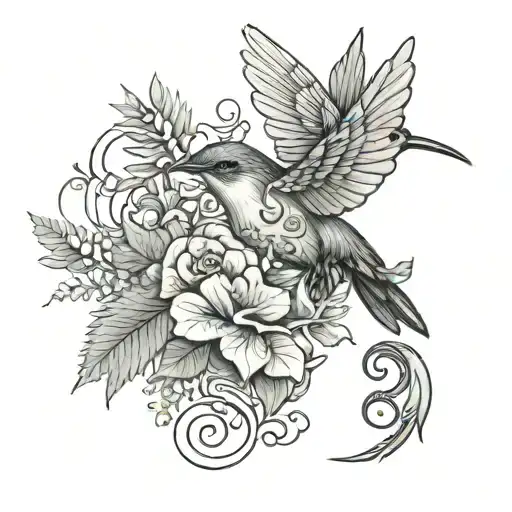 hummingbird, skeleton key, fern, woman tattoo design idea