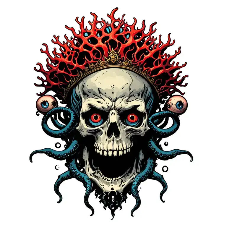King Of Bones With A Coral Crown surrounded by eyeballs, Hades 2 Style, Eldritch, Tentacles, Lovecraftian, Deep Sea tattoo design idea