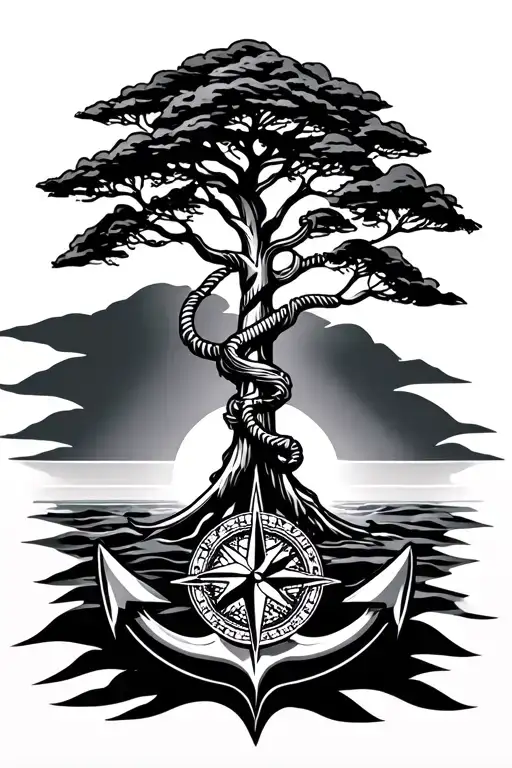 tree and compass and anchor connected tattoo design idea