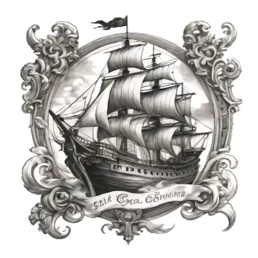 roman galleon black white tattoo design idea