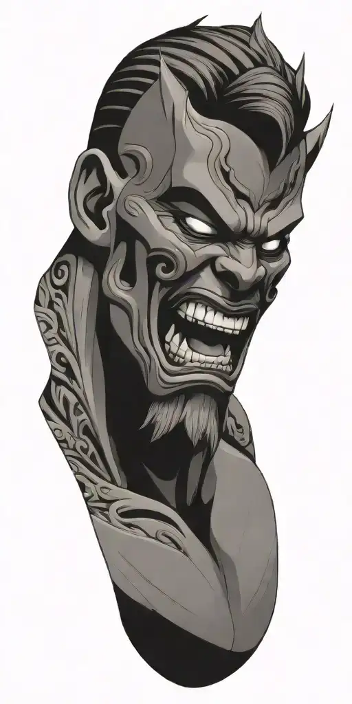 male anime character  oni mask fighting off inner demons  tattoo design idea
