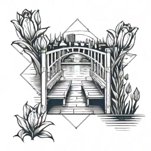 tulip and bridge and water park bench tattoo design idea