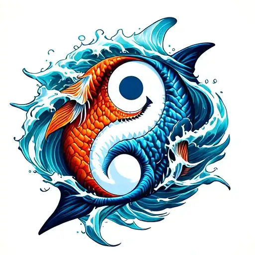 realistic great white shark and pisces, ying yang symbol mixed into one with waves crashing around the symbol tattoo design idea