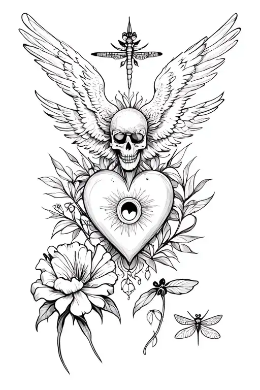 sacred heart, thunderbird, kite bird, dragon fly, carnation, Lilly of the valley, evil eye, skull,cherub, sun, moon tattoo design idea