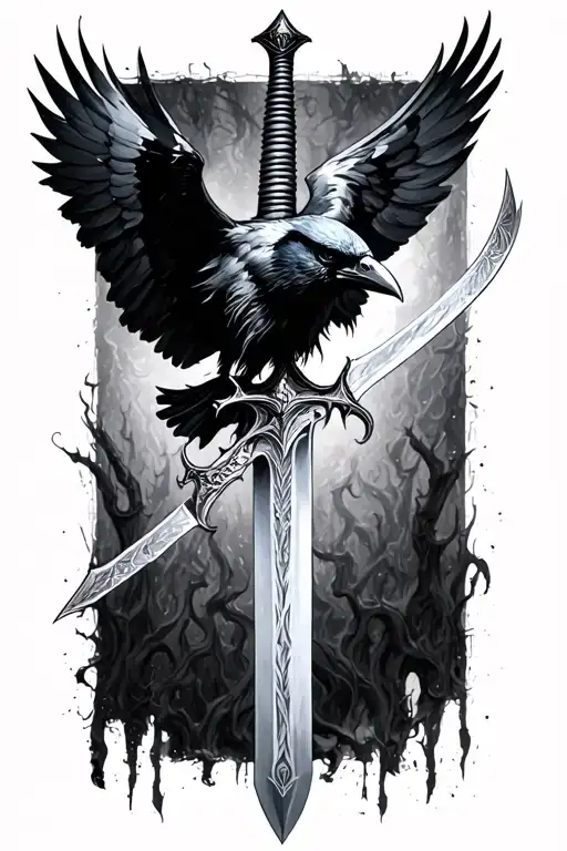 Witcher sword with a raven flying tattoo design idea