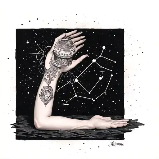 full sleeve Gemini constellation with a pandora box tattoo design idea