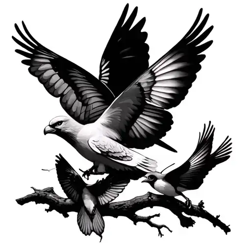 Dove Butterfly Eagle and Cardinal all flying on a tree branch tattoo design idea