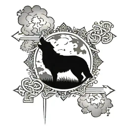 cross with heaven sky and wolf tattoo design idea