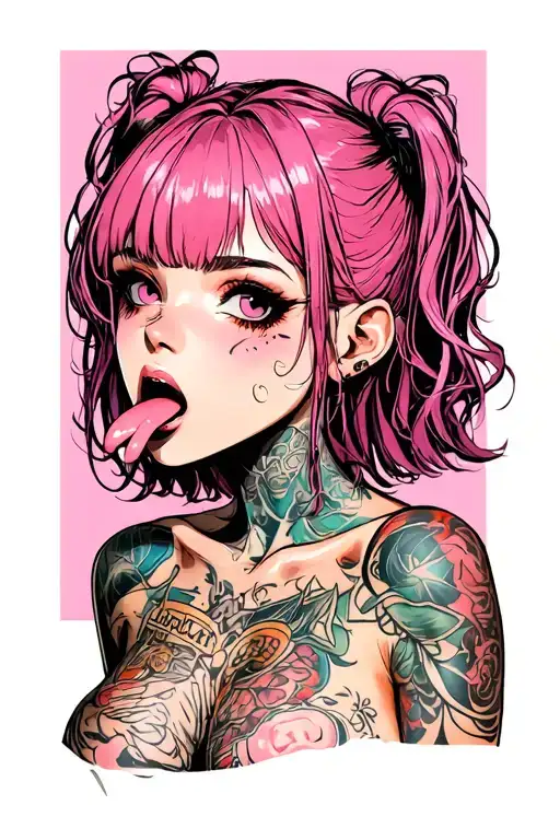 hentail, nude, bdsm, stick out the tongue, nymphomaniac face, young, sexy front position, small boobs, pink hair tattoo design idea