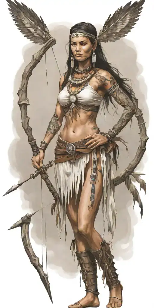 young adorable cherokee woman full body with bow and arrow tattoo design idea