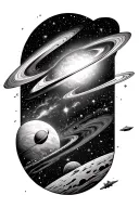galactic scene with a comet, nebula, ringed planet, stars, a tiny starship in the distance, and stardust tattoo design idea
