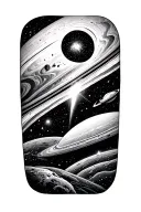 galactic scene with a comet, nebula, ringed planet, stars, a tiny starship in the distance, and stardust tattoo design idea