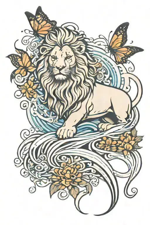 lion, butterfly, harvest, crab and water waves flowing tattoo design idea